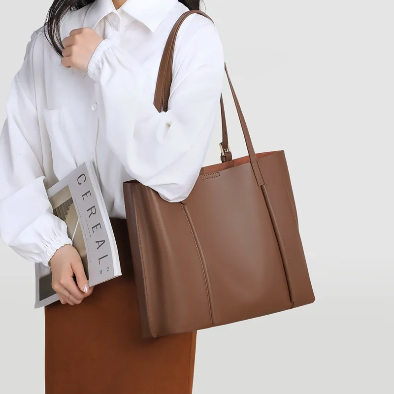 COMELY Cow Leather Patchwork Synthetic Leather Tote Bag Shopping Bag Shoulder Bags Medium Size Women's Coffee-3
