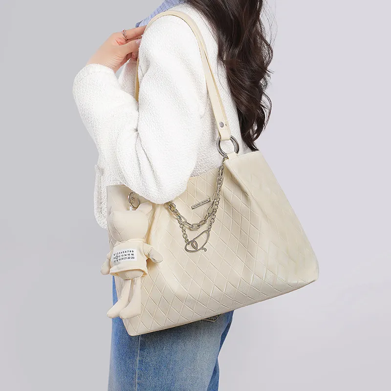 COMELY Synthetic Leather Tote Bag, Shoulder Bag Women's Ecru-1