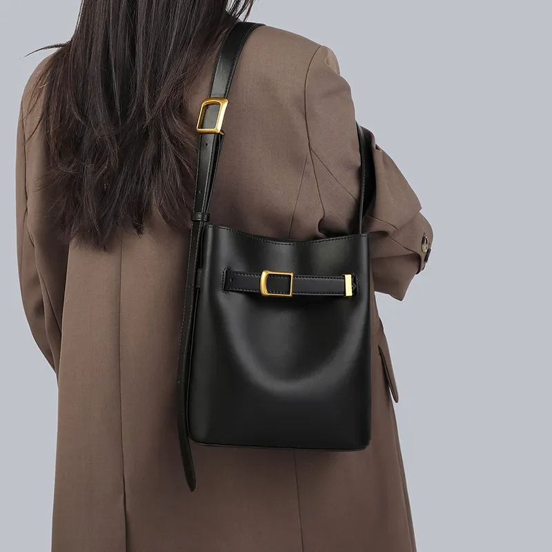 COMELY Cow Leather Patchwork Synthetic Leather Bucket Bags Shoulder Bag Crossbody Bag Regular Women's Black-3