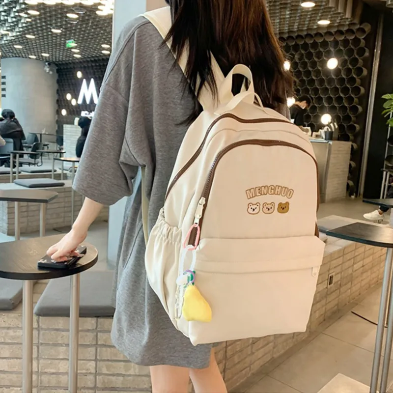 COMELY Nylon Backpack Student Backpack Laptop Bag Large Size Unisex Ecru/Black-6
