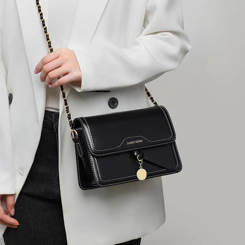 COMELY Cow Leather Crossbody Bag, Chain Bag Women's Black-2