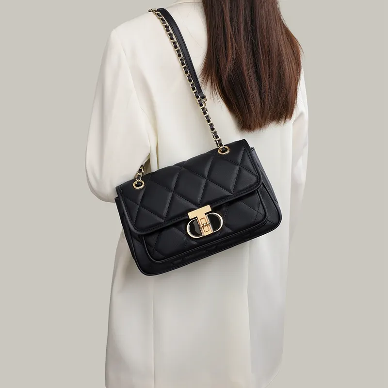 COMELY Cow Leather Patchwork Synthetic Leather Chain Small Square Bag Shoulder Bag Regular Women's Black/Ecru-2
