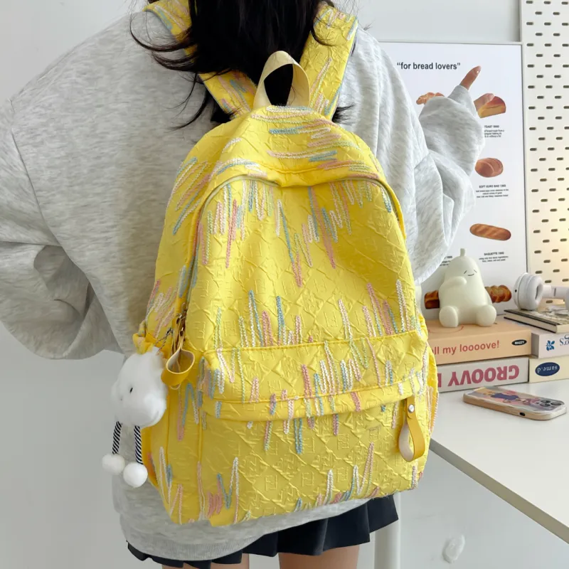 GEERDUN Nylon Backpack Regular Women's Ecru/Black/Pink/Yellow-23