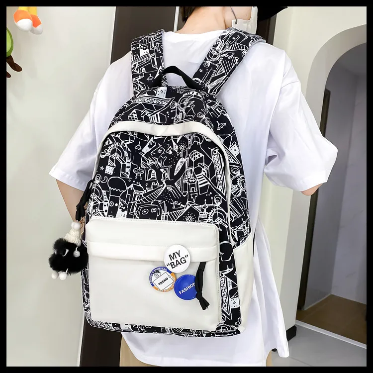 GEERDUN Nylon Backpack Regular Unisex Black/White/Black & White/White & Black-1