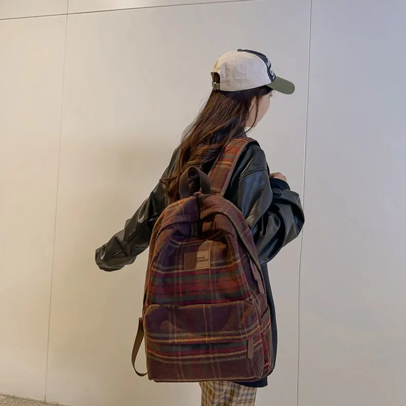 GEERDUN Felted Nylon Backpack Regular Unisex Brown/White And Yellow Plaid/Green And Yellow Plaid/Yellow And Blue Plaid-3