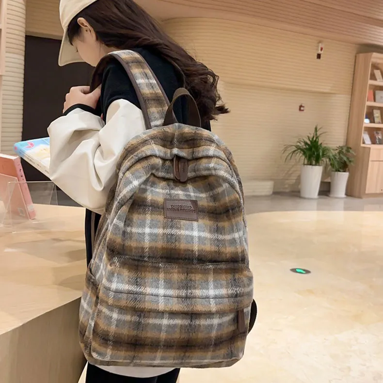 GEERDUN Felted Nylon Backpack Regular Unisex Brown/White And Yellow Plaid/Green And Yellow Plaid/Yellow And Blue Plaid-6