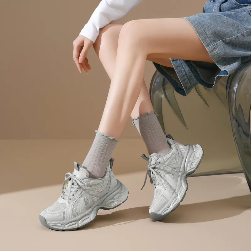 XICUNMINGWU Breathable Low Top Chunky Sneakers Women's Silver-3