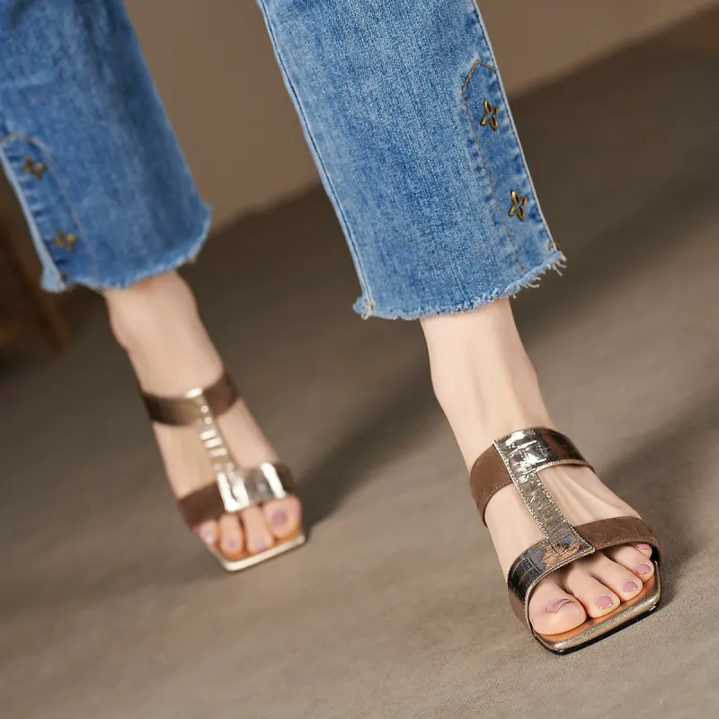 XICUNMINGWU Slide Slippers Women's Gold + Coffee Color-5