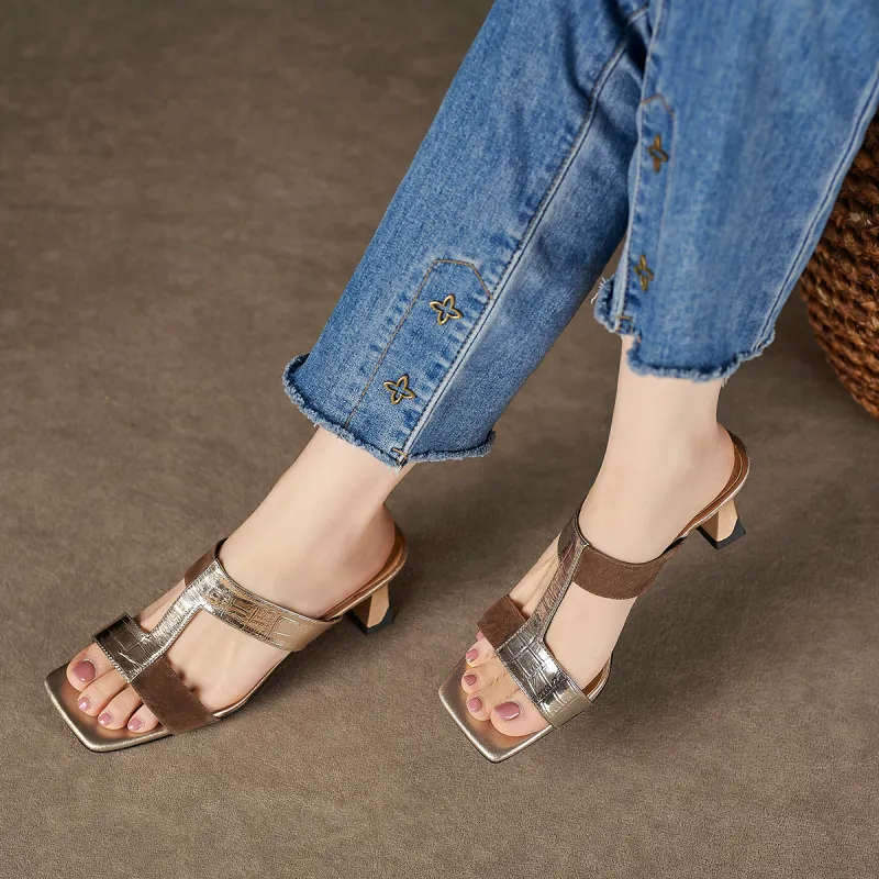 XICUNMINGWU Slide Slippers Women's Gold + Coffee Color-2