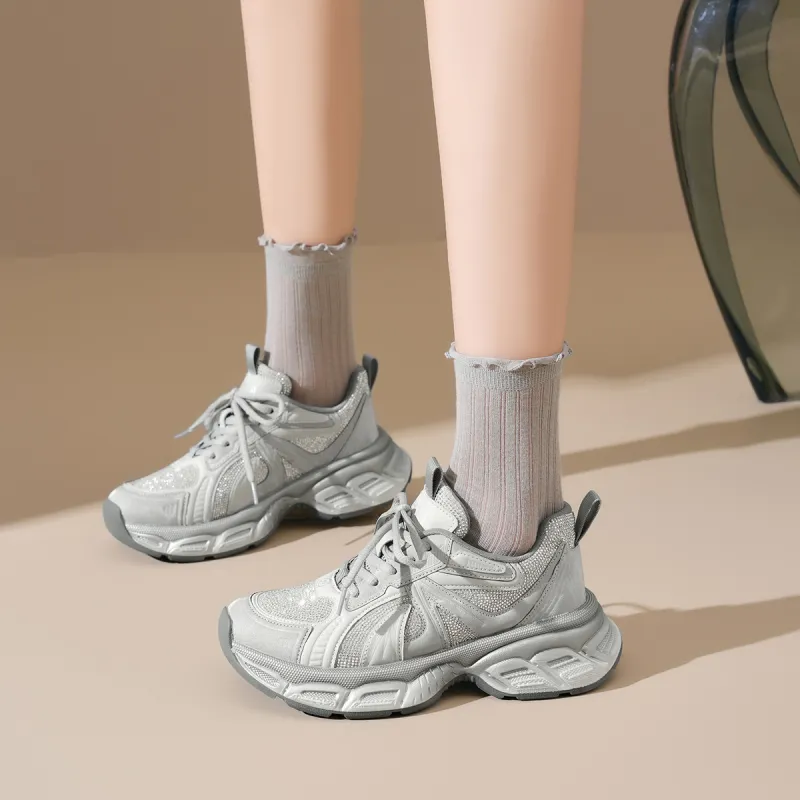 XICUNMINGWU Breathable Low Top Chunky Sneakers Women's Silver-5