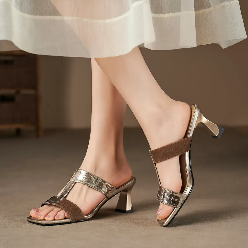 XICUNMINGWU Slide Slippers Women's Gold + Coffee Color-4