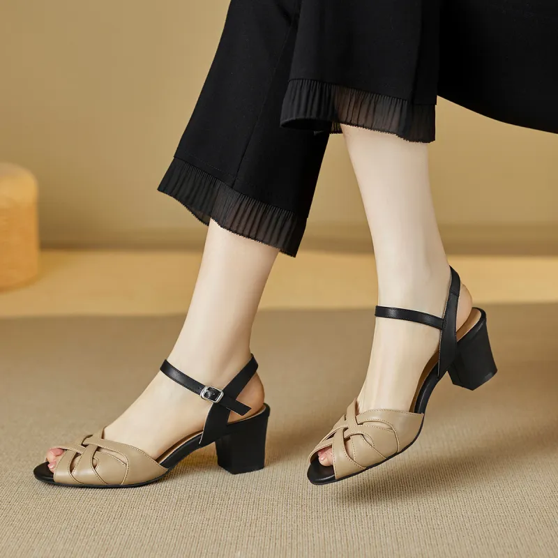 XICUNMINGWU Chunky Heel High Heels Women's Apricot Black-4