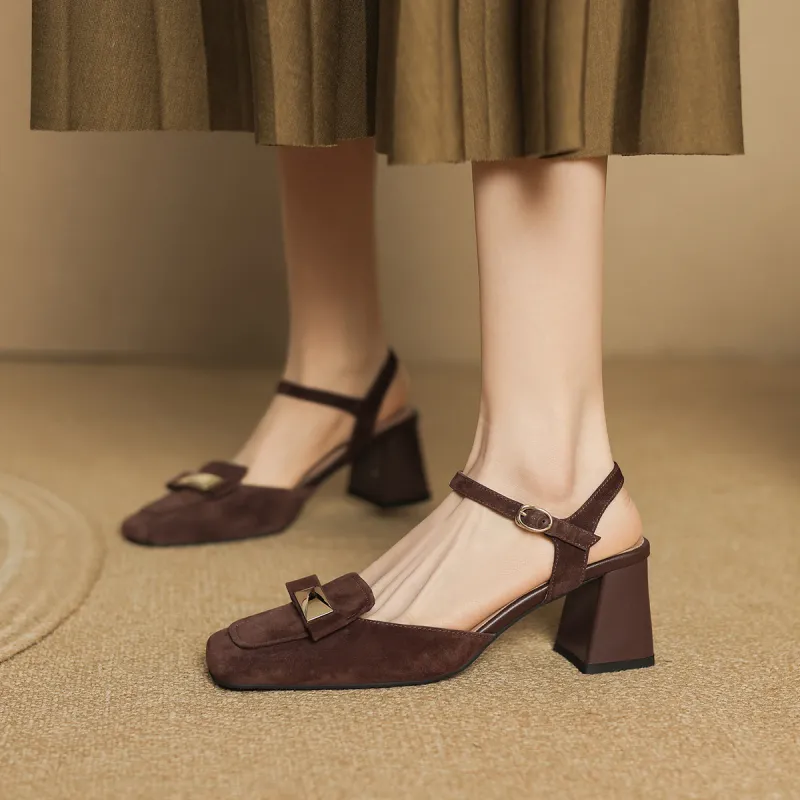XICUNMINGWU Chunky Heel High Heels 6.5CM Women's Coffee-4