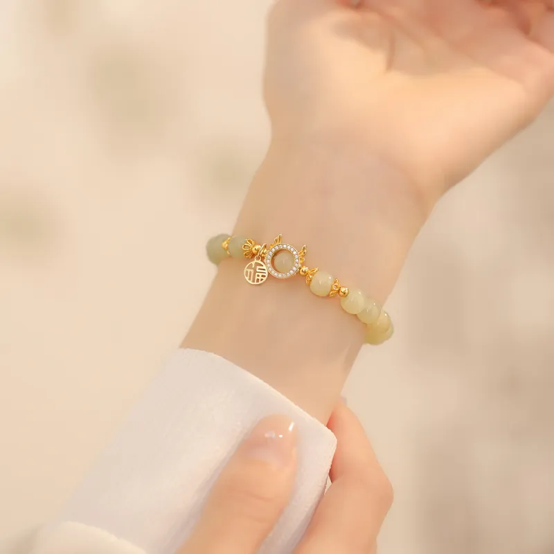 Olampe S925 Silver Mint Green Hetian Jade Bracelet Women's Pale Greenish White Jade-3