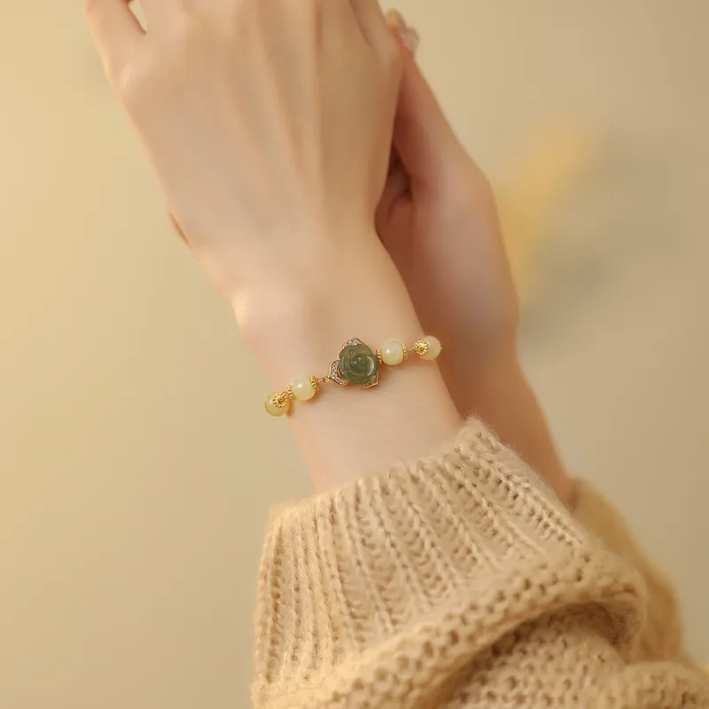 Olampe S925 Silver Hetian Jade Bracelets Women's Pale Greenish-White Jade-3