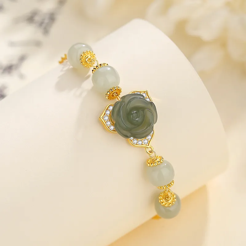 Olampe S925 Silver Hetian Jade Bracelets Women's Pale Greenish-White Jade-5