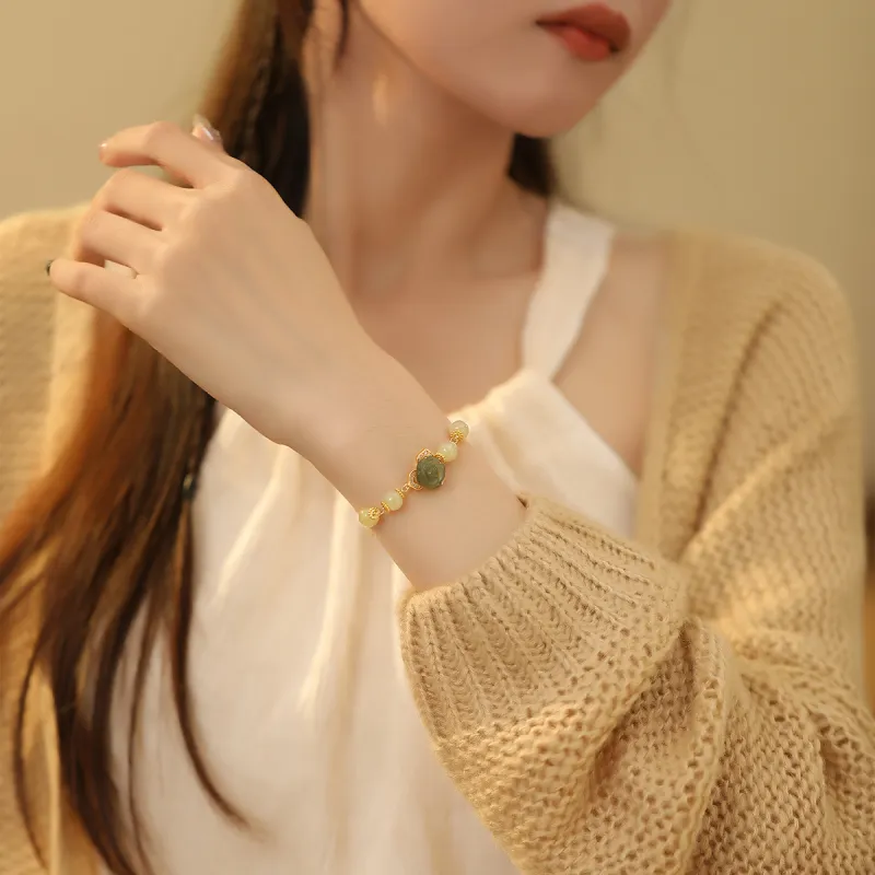 Olampe S925 Silver Hetian Jade Bracelets Women's Pale Greenish-White Jade-6