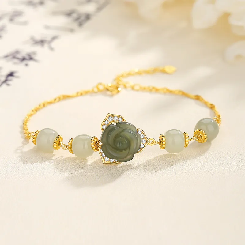 Olampe S925 Silver Hetian Jade Bracelets Women's Pale Greenish-White Jade-2