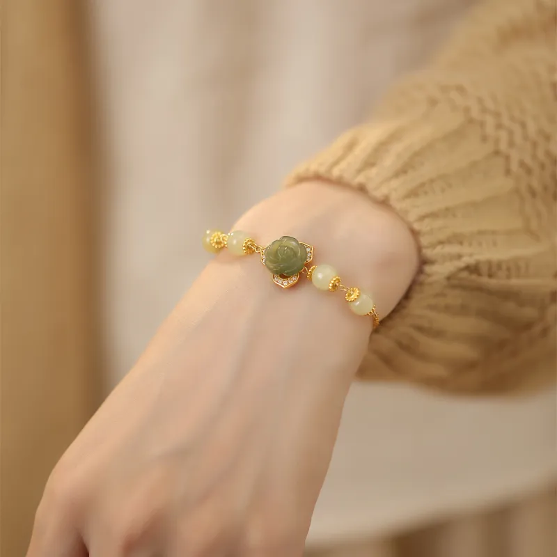 Olampe S925 Silver Hetian Jade Bracelets Women's Pale Greenish-White Jade-4