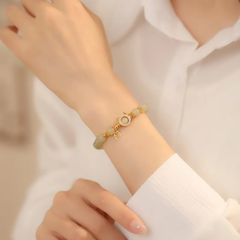 Olampe S925 Silver Mint Green Hetian Jade Bracelet Women's Pale Greenish White Jade-6