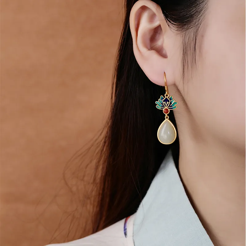 Mrs. Song Hetian Jade Earrings Pale Greenish White Jade Women's-2
