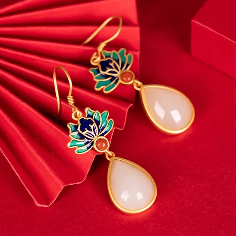 Mrs. Song Hetian Jade Earrings Pale Greenish White Jade Women's-4