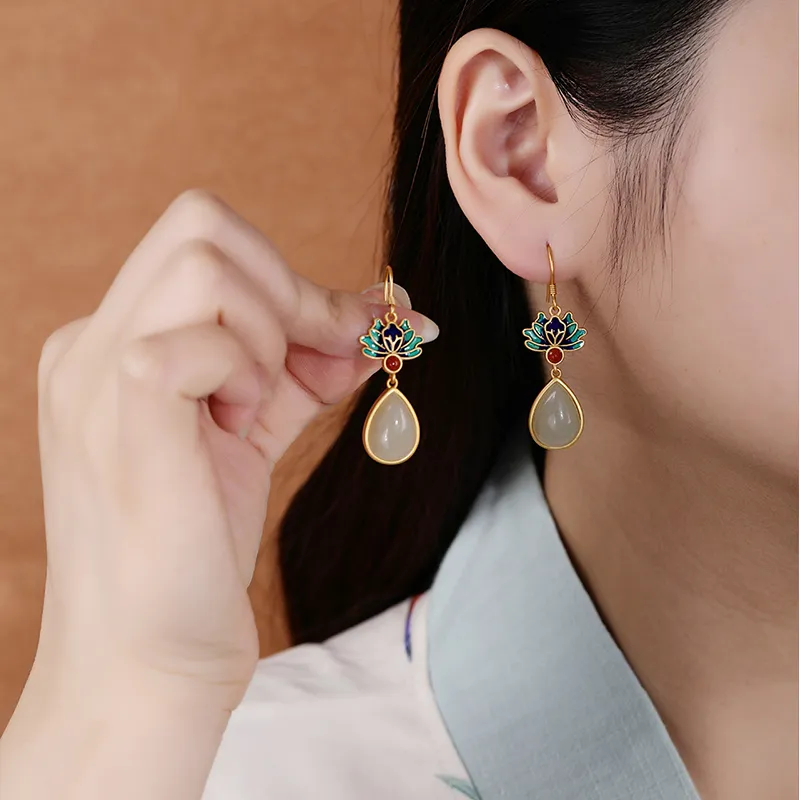 Mrs. Song Hetian Jade Earrings Pale Greenish White Jade Women's-1