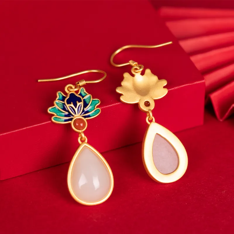 Mrs. Song Hetian Jade Earrings Pale Greenish White Jade Women's-5