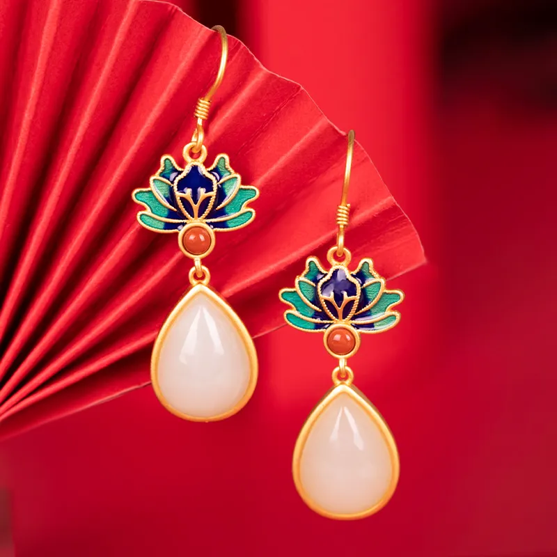 Mrs. Song Hetian Jade Earrings Pale Greenish White Jade Women's-3