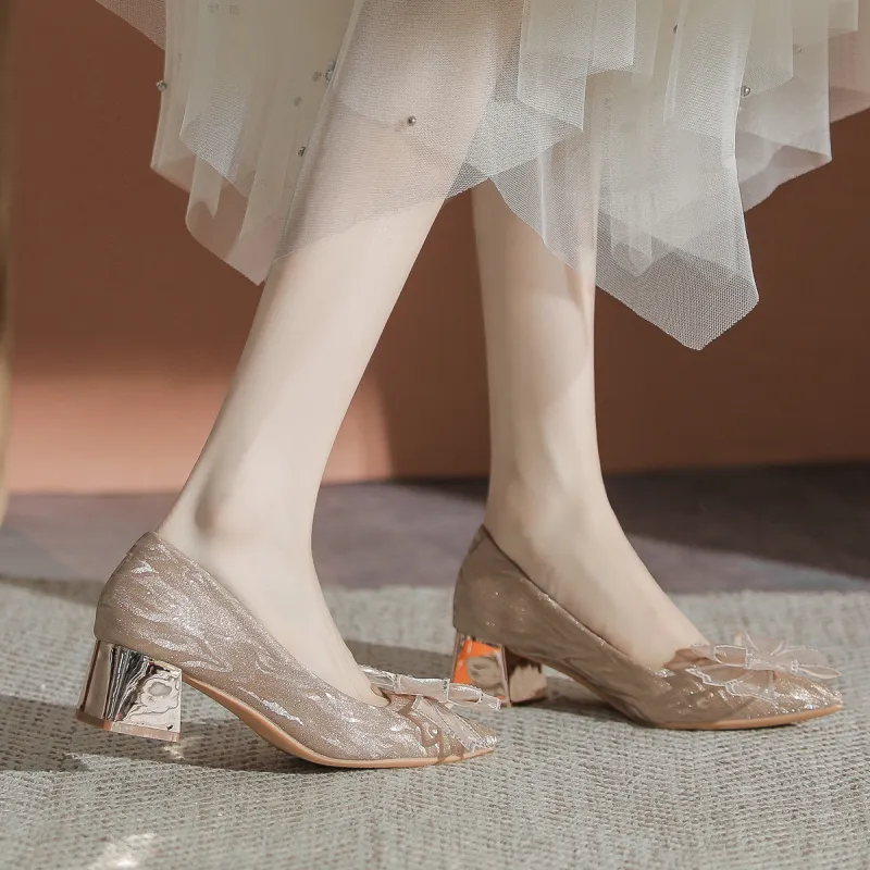 Pounise Chunky Heel High Heels 5cm Women's Champagne-2