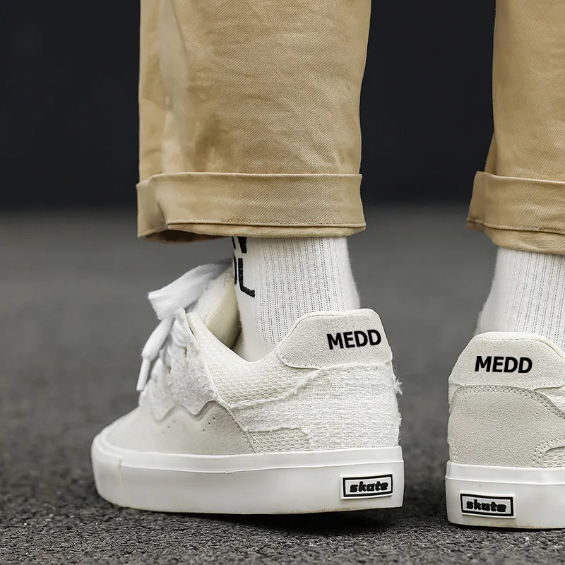 Medd Skateboard Shoes Unisex Low Top White Plaid/White Gray/Black-4