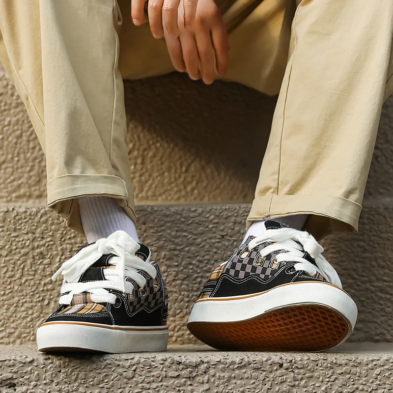 Medd Skateboard Shoes Unisex Low Top White Plaid/White Gray/Black-34