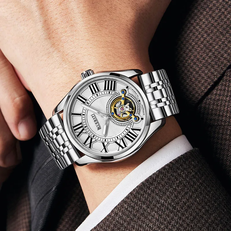 KUERST Automatic Mechanical Movement Steel Strap Watch Men's Watches White Dial-3