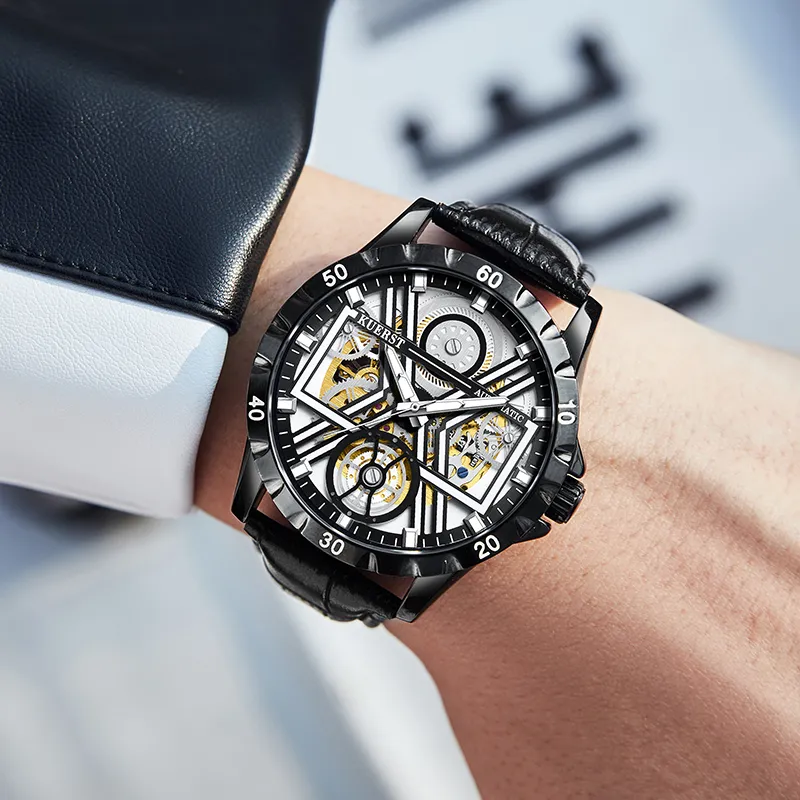 KUERST Automatic Mechanical Movement Genuine Leather Strap Watch Men's Watches White Dial-7