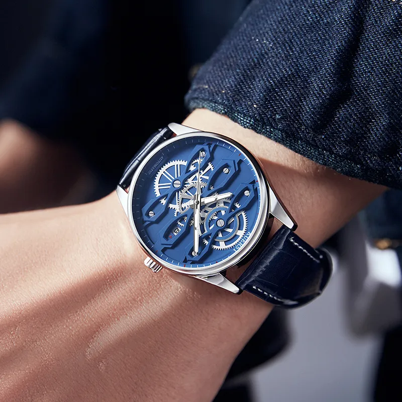 KUERST Automatic Mechanical Movement Cow Leather Strap Watch Men's Watches Blue Dial-2