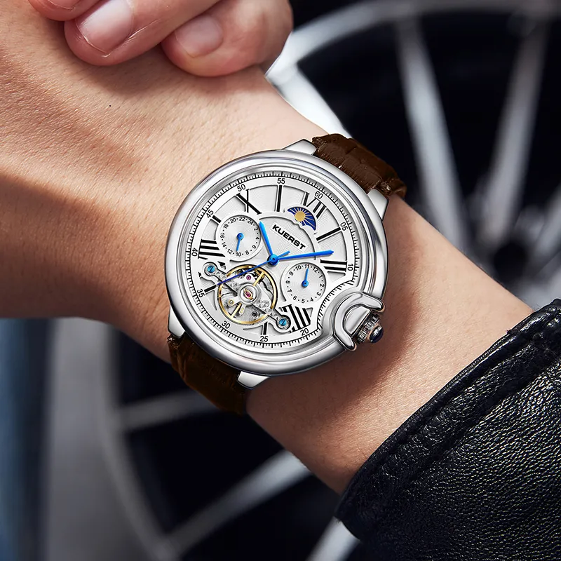 KUERST Mechanical Movement Cow Leather Strap Watch Men's Watches White Dial-17