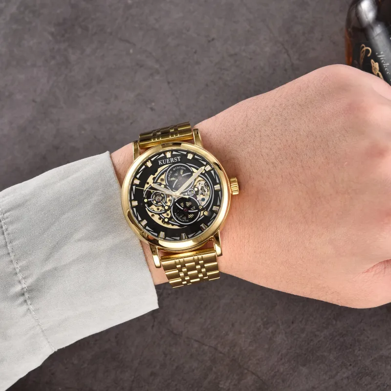 KUERST Automatic Mechanical Movement Steel Strap Watch Men's Watches Gold Dial-9