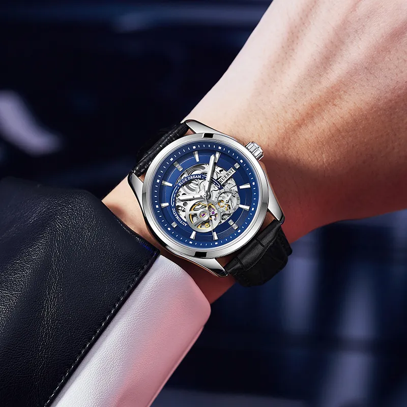 KUERST Automatic Mechanical Movement Genuine Leather Strap Men's Watches White Dial-4