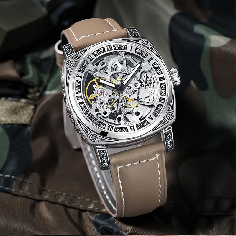 KUERST Automatic Mechanical Movement Cow Leather Strap Watch Men's Watches White Dial-2