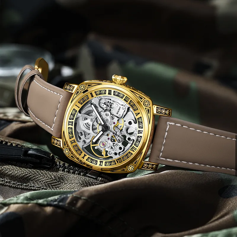 KUERST Automatic Mechanical Movement Cow Leather Strap Watch Men's Watches White Dial-14