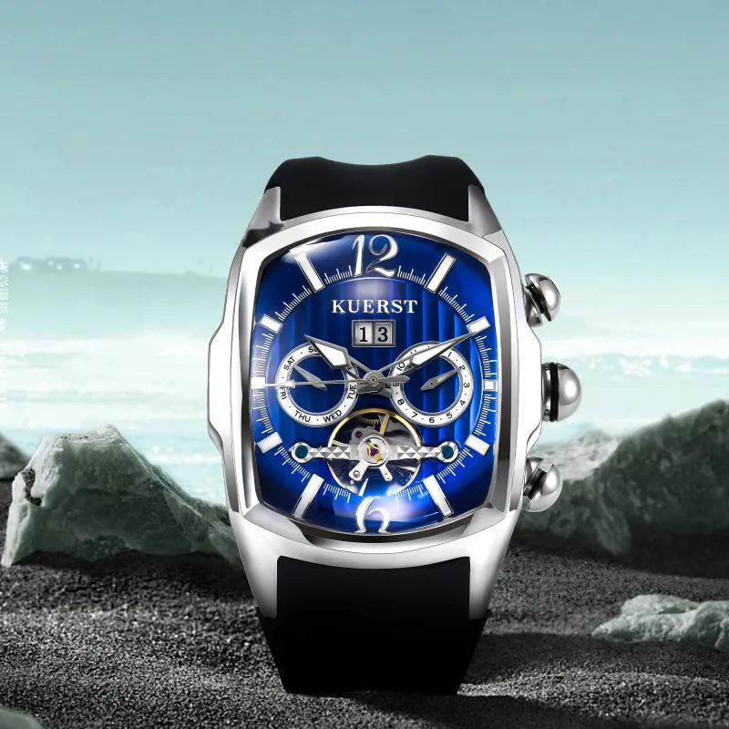 KUERST Automatic Mechanical Movement Rubber Strap Watch Men's Watches Black Dial-7