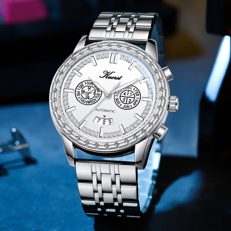KUERST Automatic Mechanical Movement Steel Strap Watch Men's Watches White Dial-3