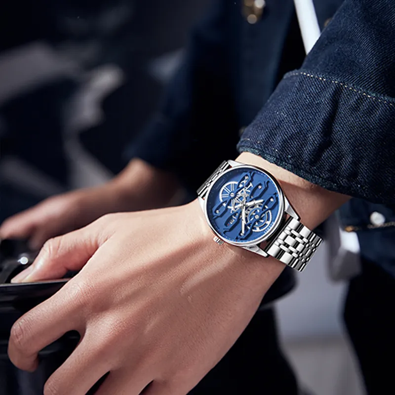 KUERST Automatic Mechanical Movement Steel Strap Watch Men's Watches Blue Dial-4