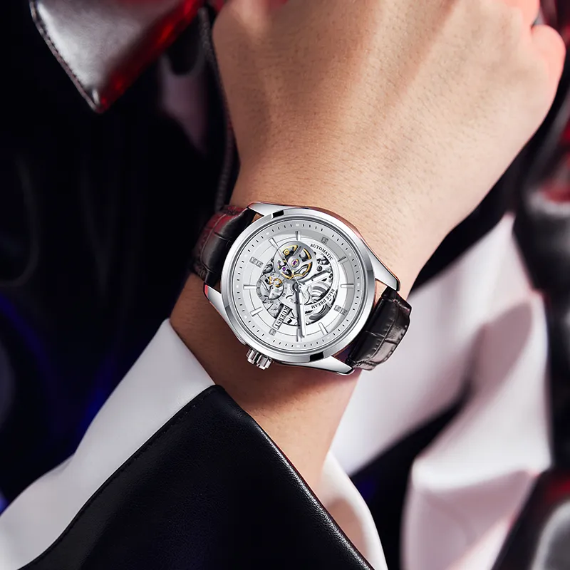 KUERST Automatic Mechanical Movement Genuine Leather Strap Men's Watches White Dial-2