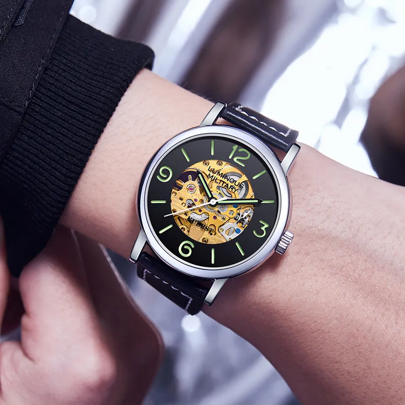 KUERST Automatic Mechanical Movement Cow Leather Strap Watch Men's Watches Black Dial-1