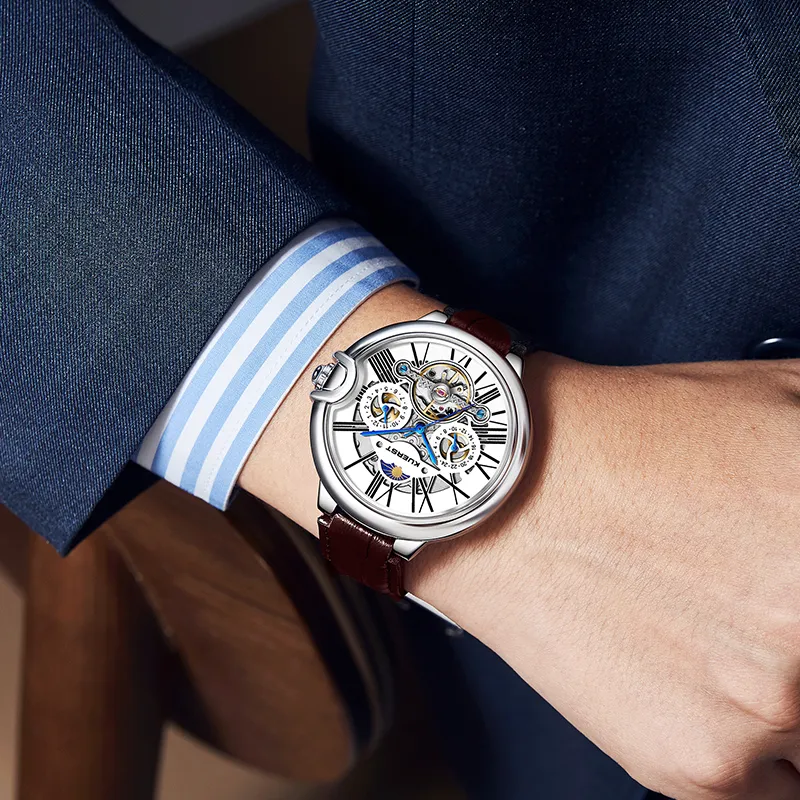 KUERST Mechanical Movement Cow Leather Strap Watch Men's Watches White Dial-16