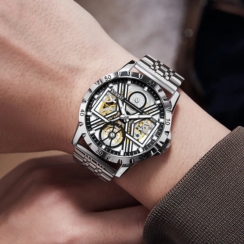 KUERST Automatic Mechanical Movement Steel Strap Watch Men's Watches White Dial-4