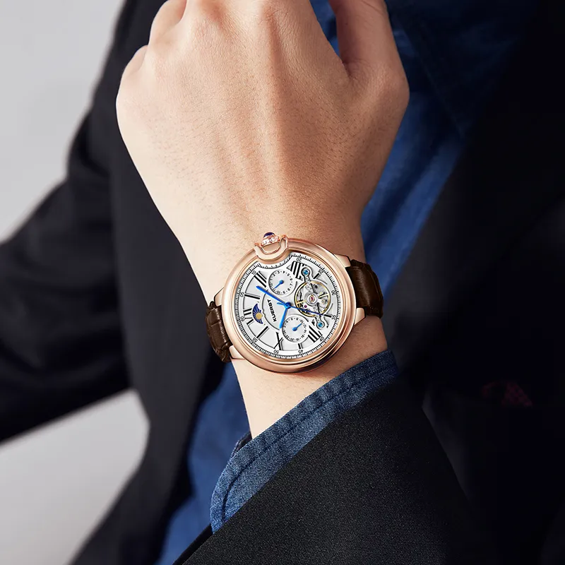 KUERST Mechanical Movement Cow Leather Strap Watch Men's Watches White Dial-12