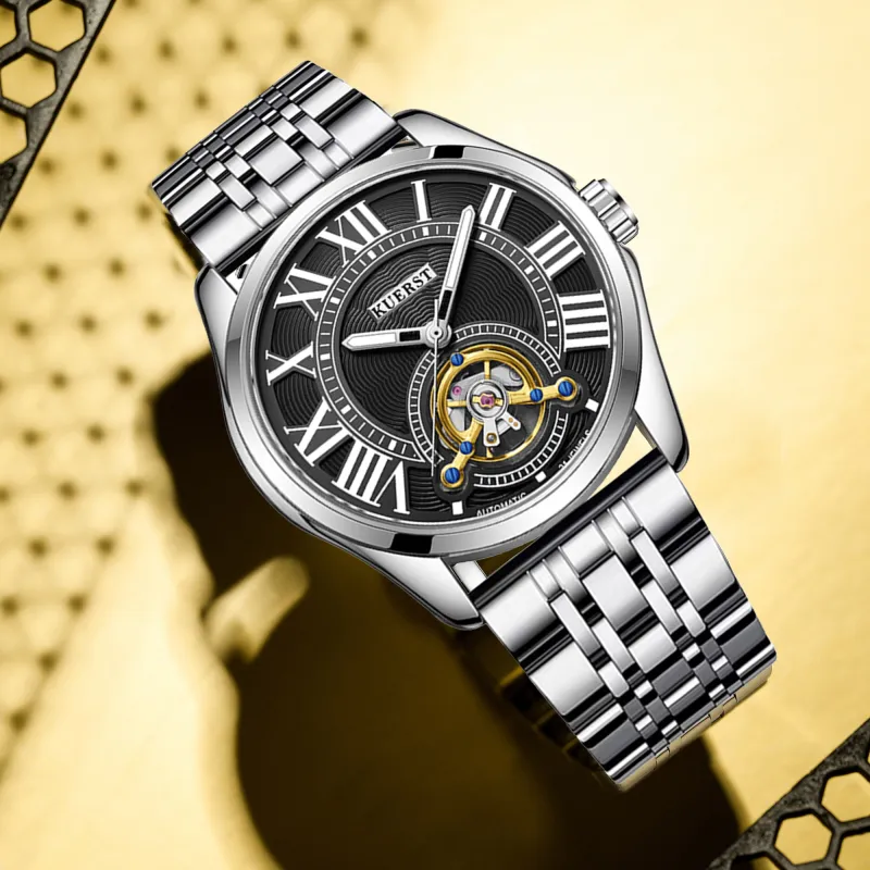 KUERST Automatic Mechanical Movement Steel Strap Watch Men's Watches White Dial-7