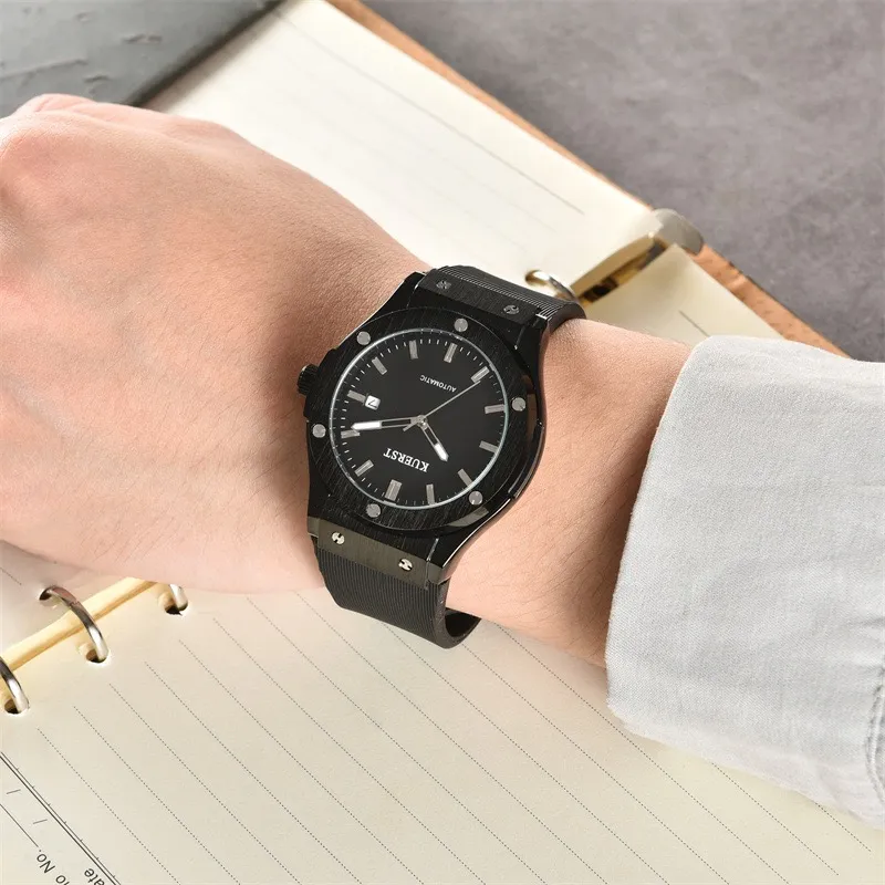 KUERST Automatic Mechanical Movement Rubber Strap Watch Men's Watches Black Dial-12